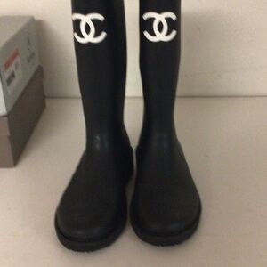CHANEL Black Rubber Knee-High Boots with White CC Emblem